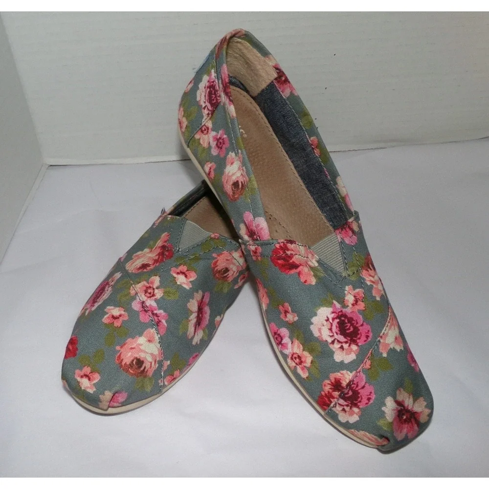 TOMS Womens Classic Alpargata Grey Pink Floral Canvas Slip On Shoes Size 10